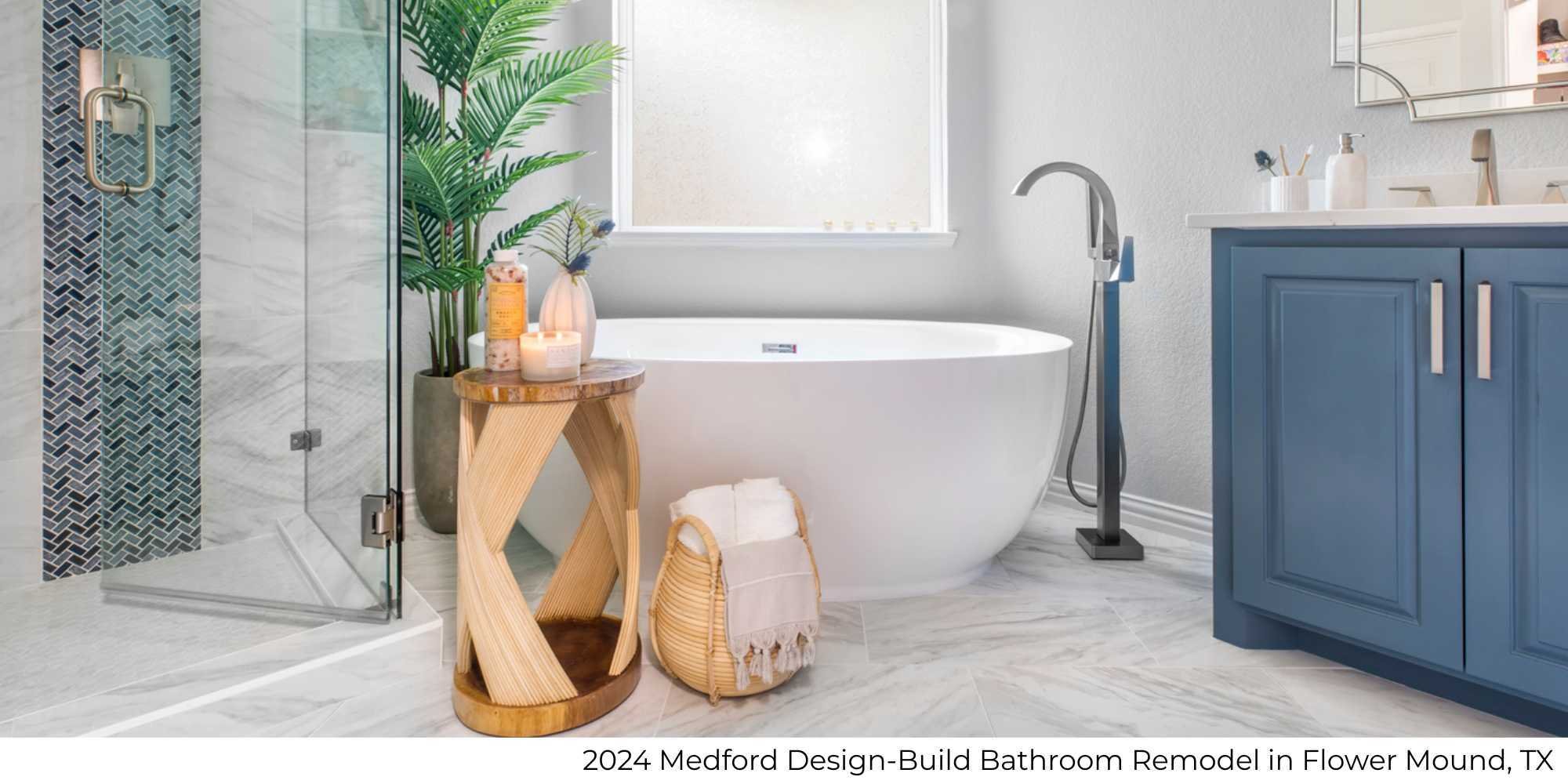 Bathroom remodel with soaking tub and walk-in shower in Flower Mound, TX by Medford Design-Build