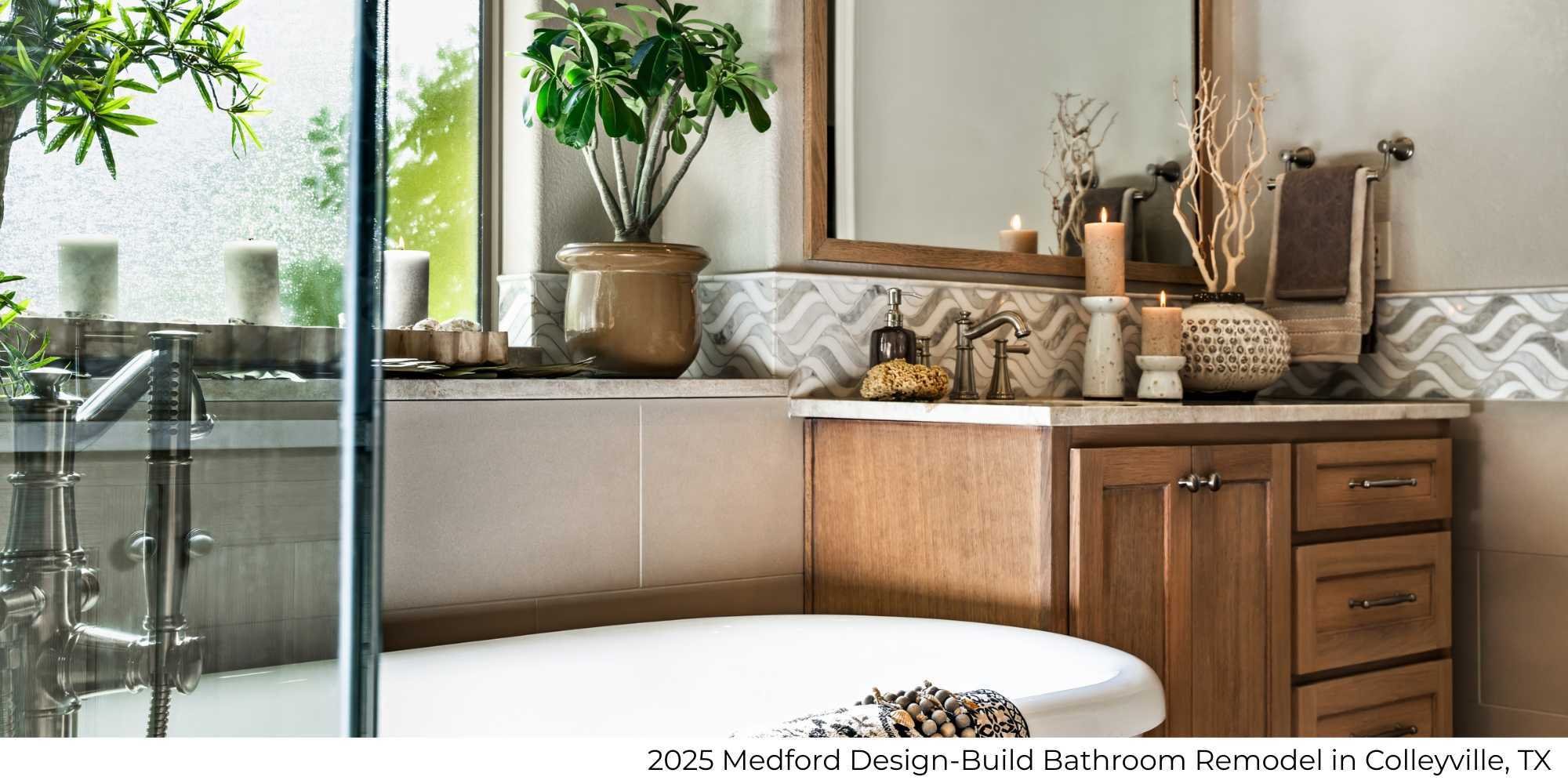 Bathroom remodel with soaking tub and wood vanity in Colleyville, TX by Medford Design-Build
