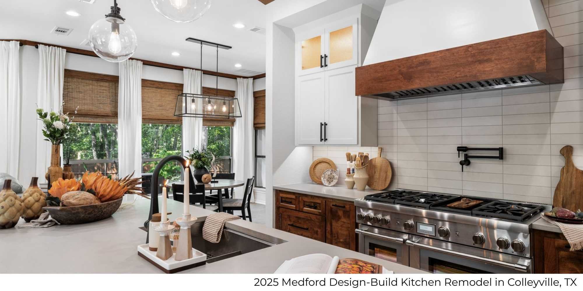 Kitchen Remodel with gas range, pasta arm, large counter in Colleyville, TX by Medford Design-Build