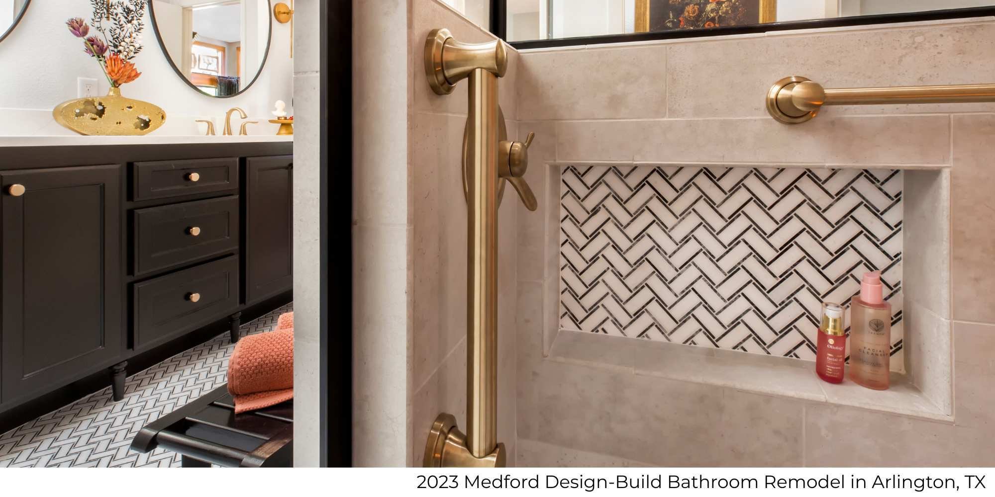 Image from the shower with railing looking at a large vanity in a bathroom remodel in Arlington, TX
