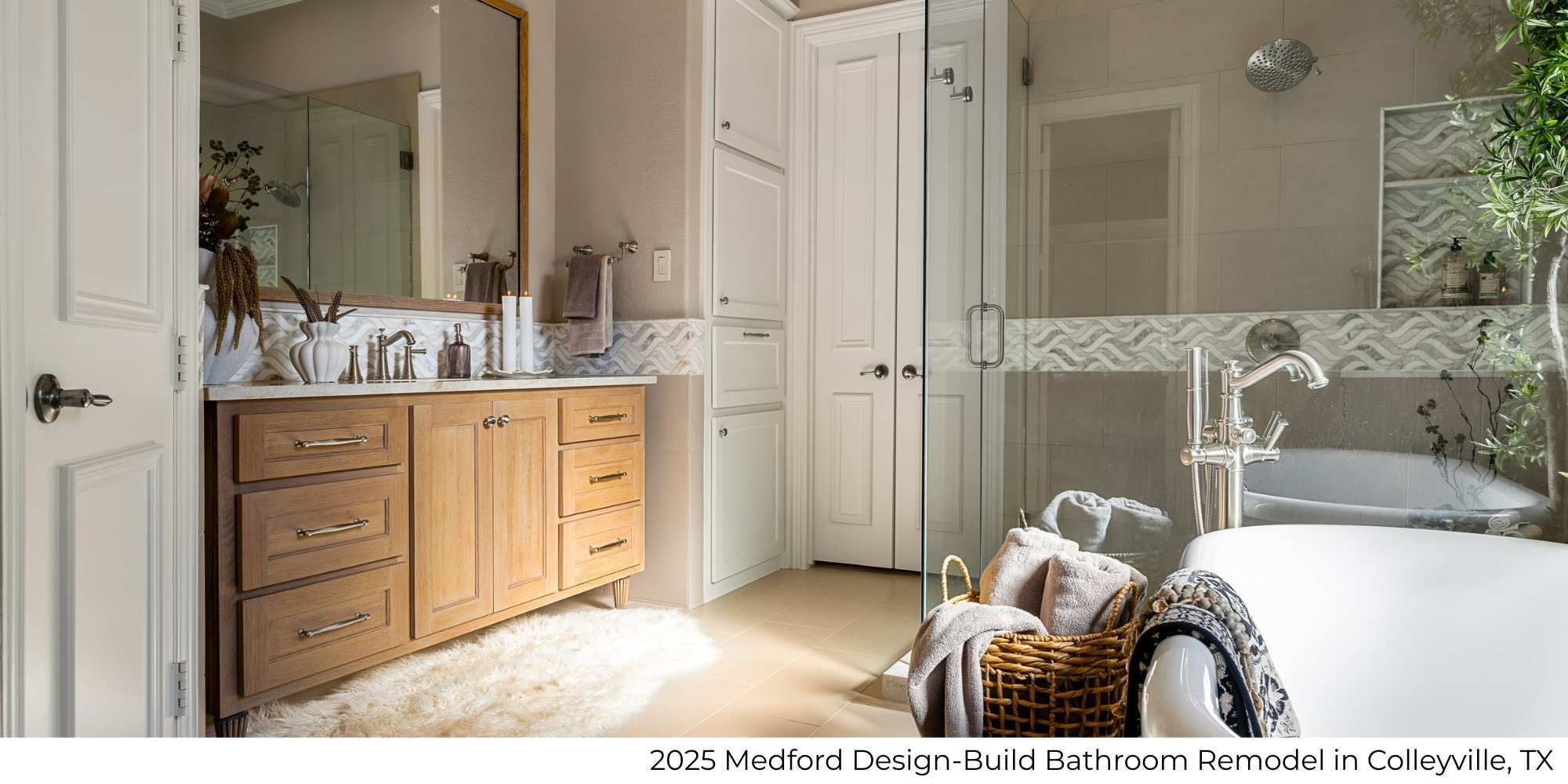 Image of a bathroom remodel featuring a wood vanity, soaking tub, and walk-in shower in Colleyville, TX