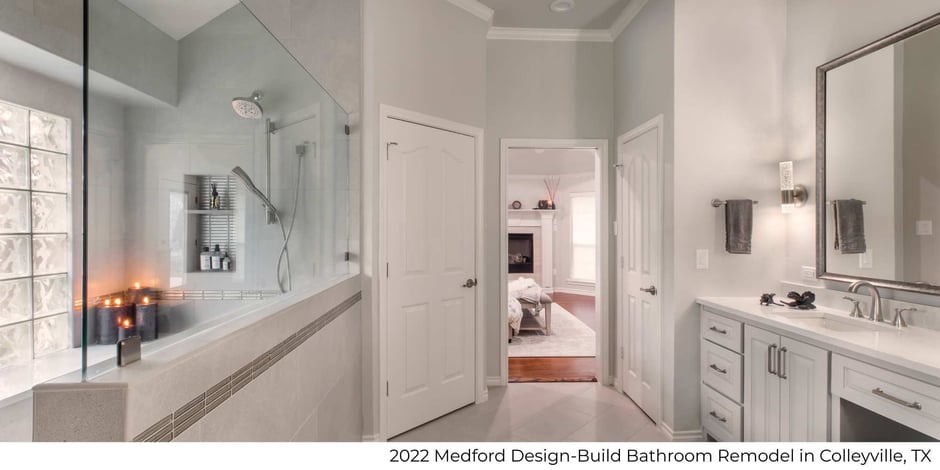 Image of a bright remodeled bathroom with large walk-in shower and double vanity in Colleyville, TX