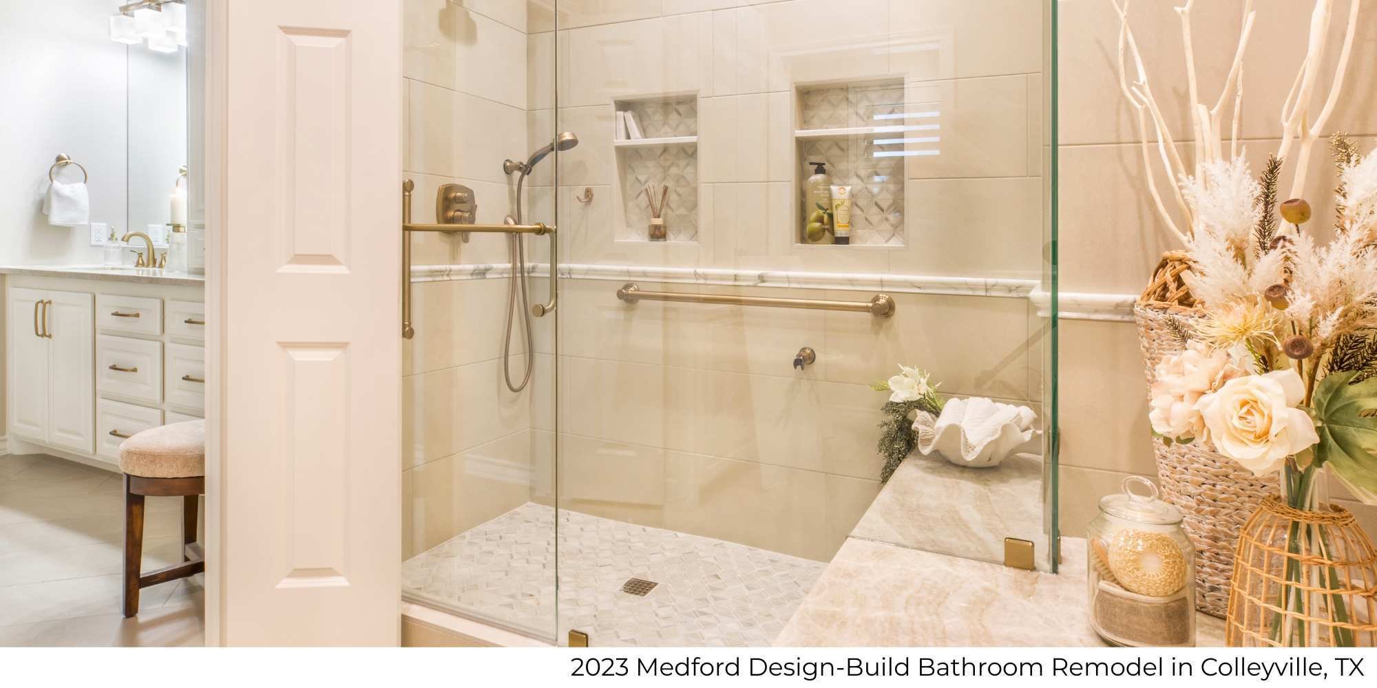 Image of a walk-in glass shower with gold railing in Colleyville, TX by Medford Design-Build