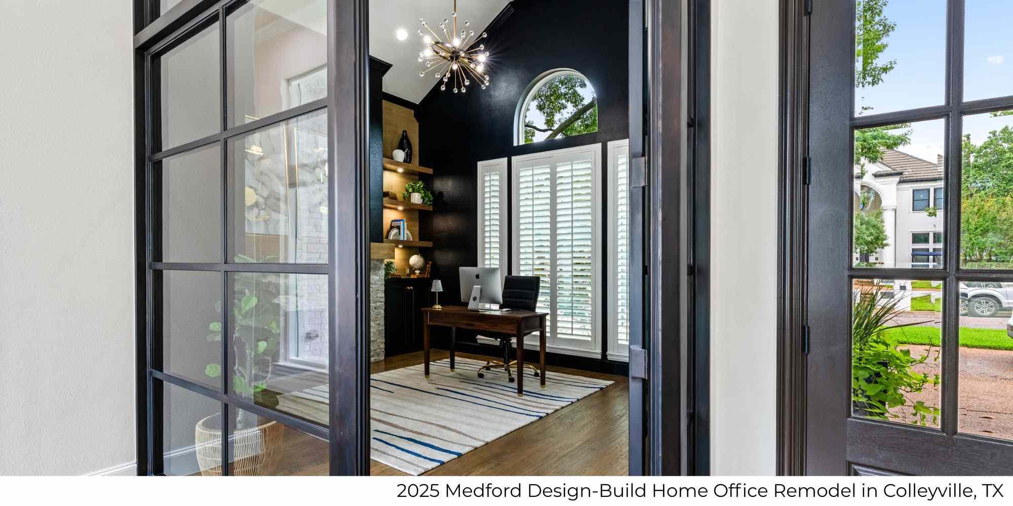 A home office remodel as part of a whole home remodel with a glass door, custom lighting, and built-in storage by Medford Design-Build