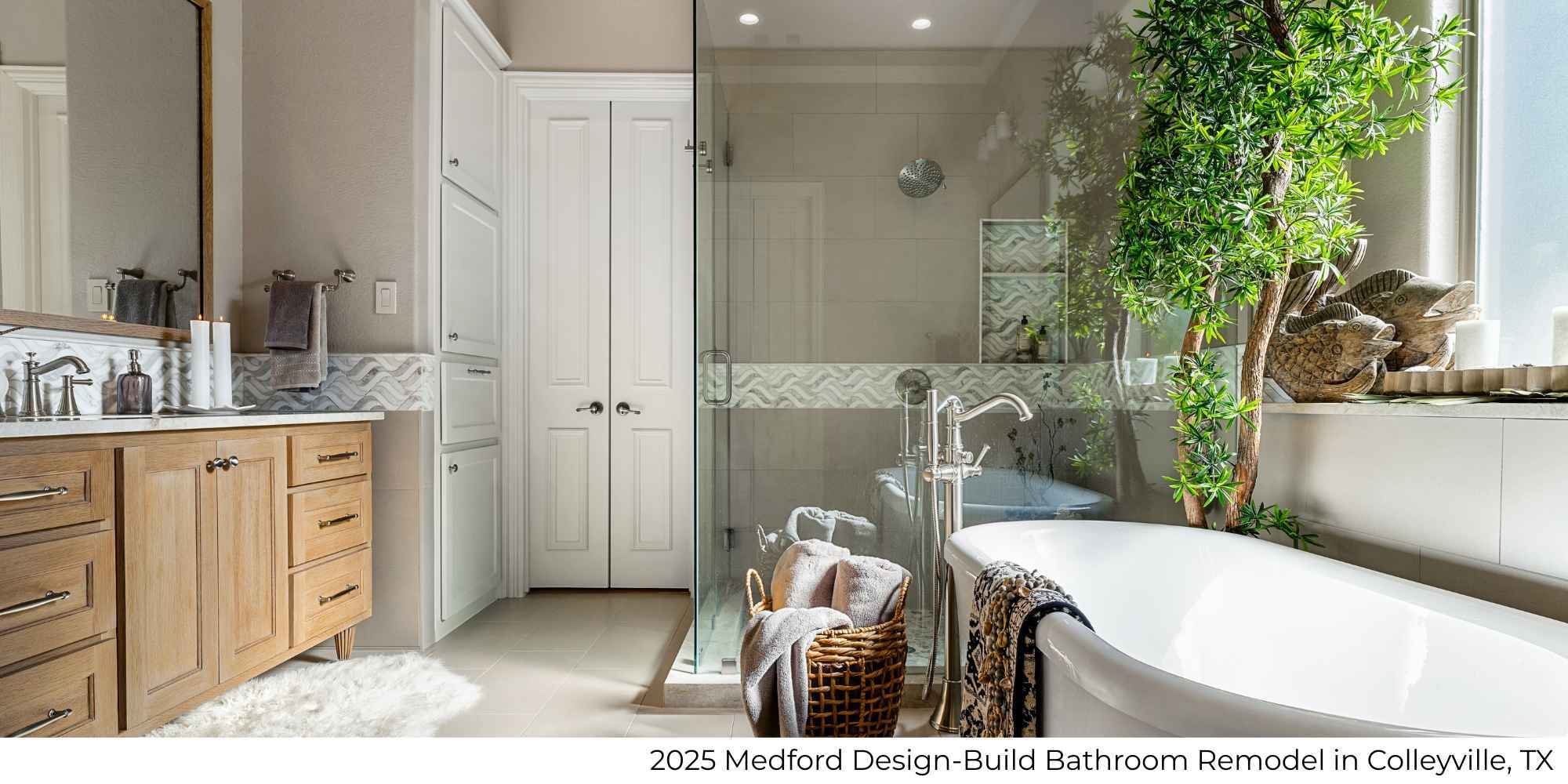 A bathroom remodel with a large framless glass shower and soaking tub by Medford Design-Build