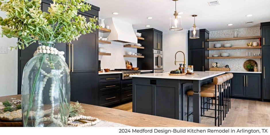 Image of custom kitchen with dark cabinetry and island seating by Medford Design-Build in Arlington, TX