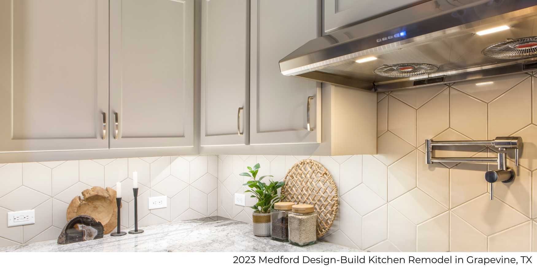 Image of kitchen remodel with custom cabinetry and geometric tile backsplash by Medford Design-Build in Grapevine, TX