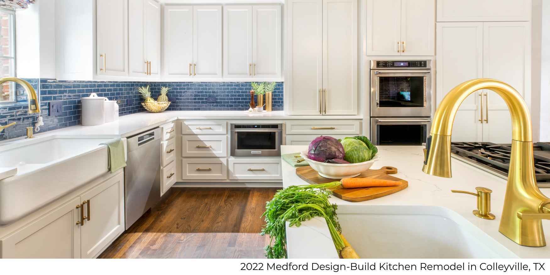 Photo of kitchen remodel with farmhouse sink and quartz island by Medford Design-Build in Colleyville, TX