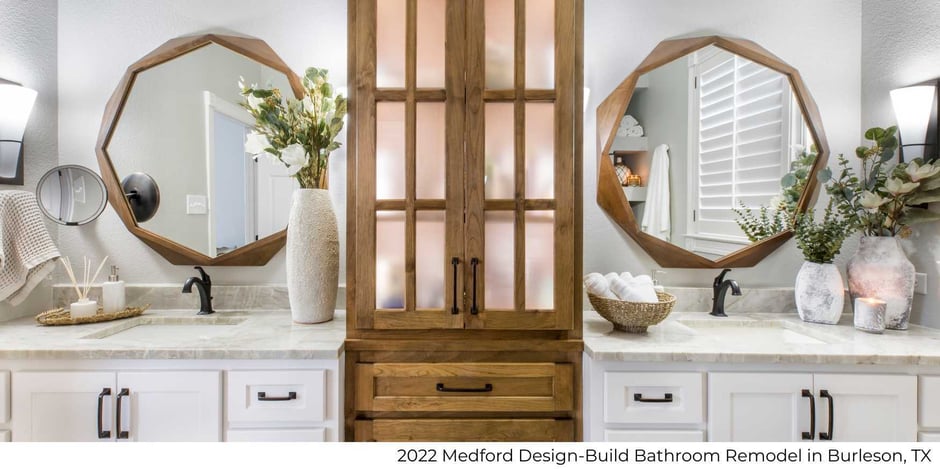 Image of bathroom remodel with dual vanities and custom storage tower by Medford Design-Build in Burleson, TX