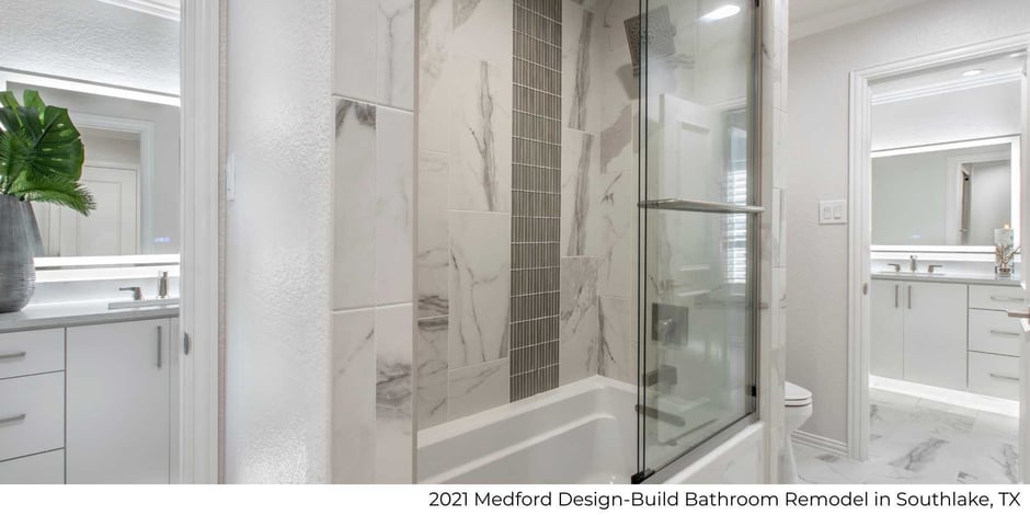 Photo of bathroom remodel with walk-in shower and modern vanity by Medford Design-Build in Southlake, TX
