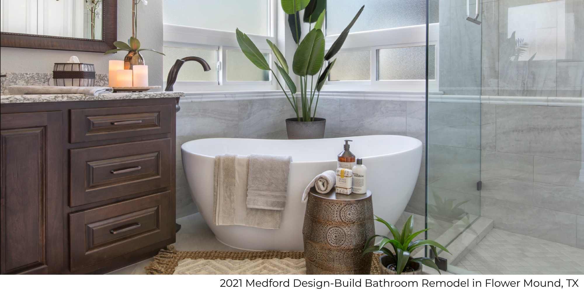 Luxury bathroom remodel by Medford Design-Build in Flower Mound, TX featuring a soaking tub and tile shower