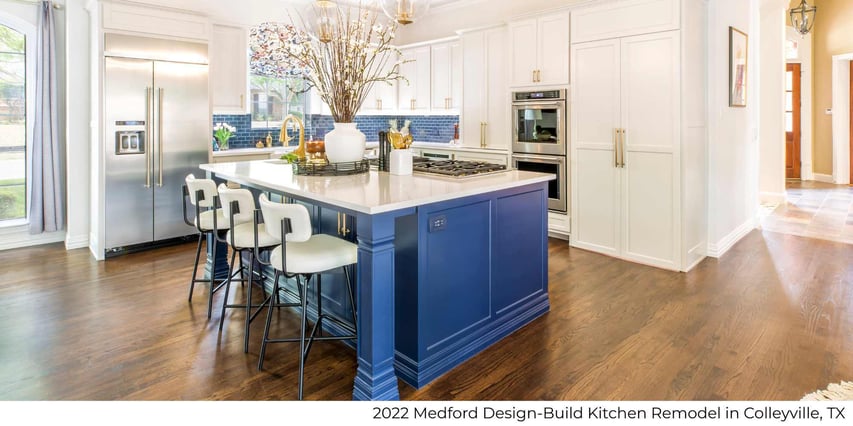 Luxury kitchen remodel by Medford Design-Build in Colleyville, TX featuring a blue island and custom cabinetry
