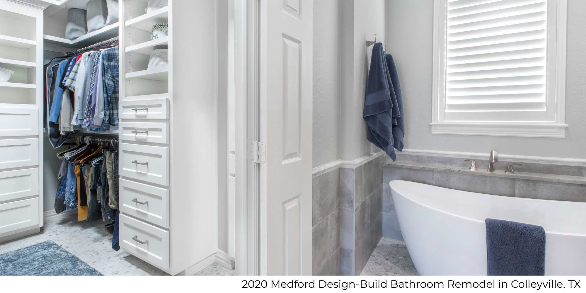 Image of a bathroom remodel with walk-in closet and soaking tub by Medford Design-Build in Colleyville, TX