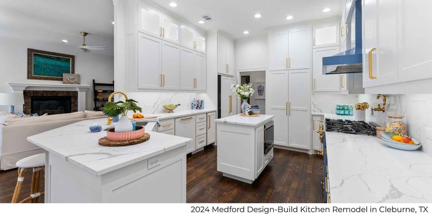 Image of a bright kitchen remodel with white shaker cabinets in Cleburne, TX by Medford Design-Build