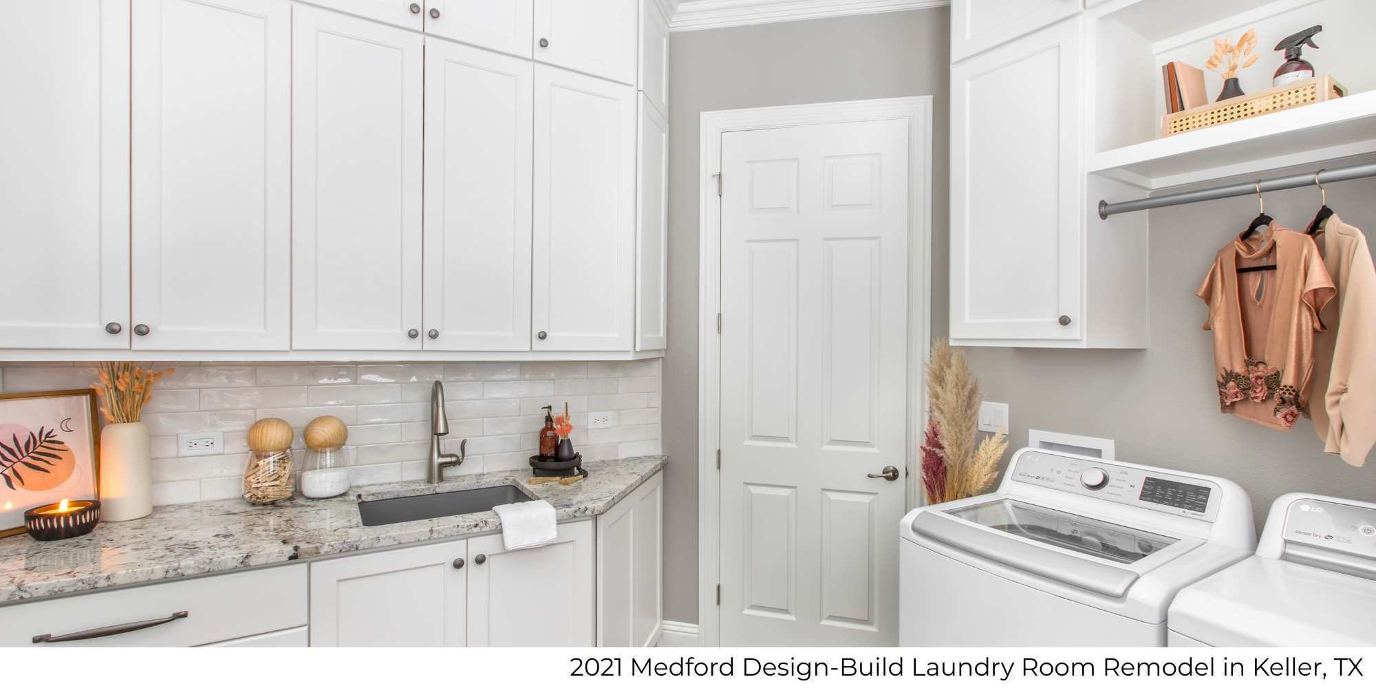Image of a laundry room remodel with utlity sink and cabinet storage by Medford Deisgn-Build in Keller, TX