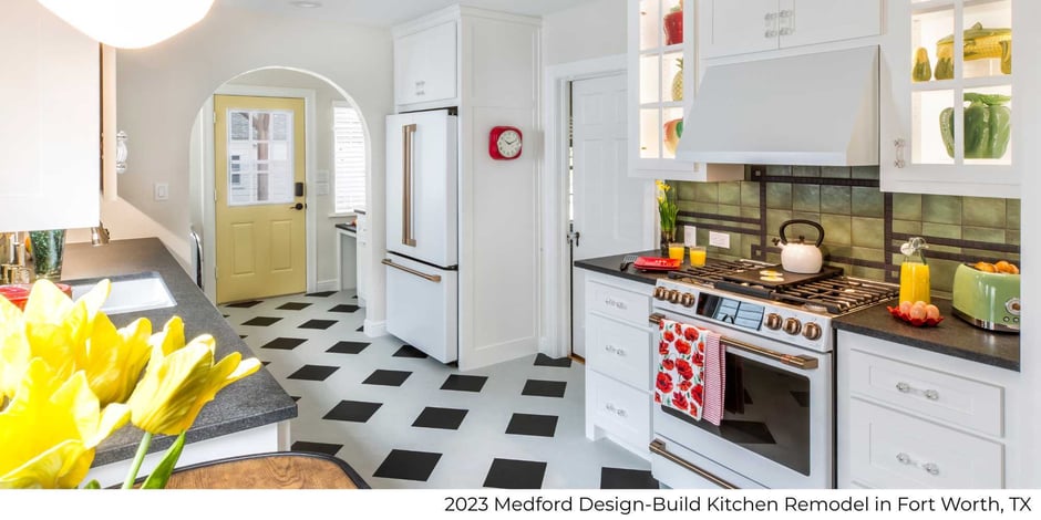 Bright kitchen remodel in Fort Worth, TX by Medford Design-Build with vintage tile floor, white cabinets, and colorful accents