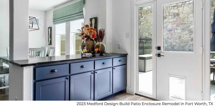 Image of a patio enclosure remodel with a home bar and custom cabinets in Fort Worth, TX by Medord Design-Build
