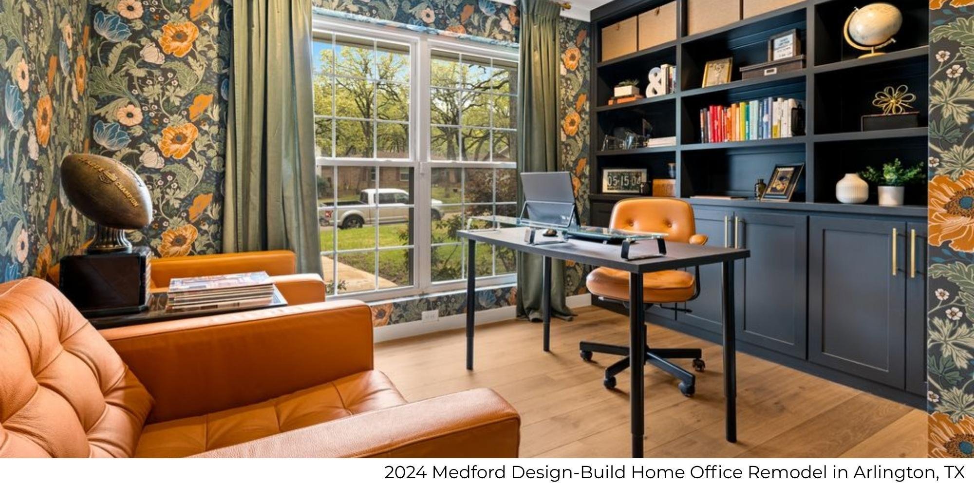 Remodeled home office with floral wallpaper and custom built-in storage in Arlington, TX by Medford Design-Build