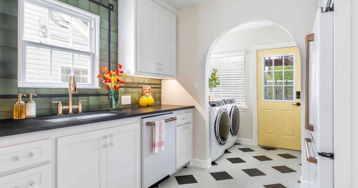 Image of Medford Design-Build kitchen and laundry remodel in Fort Worth, TX with tile backsplash, white cabinetry, and laundry area