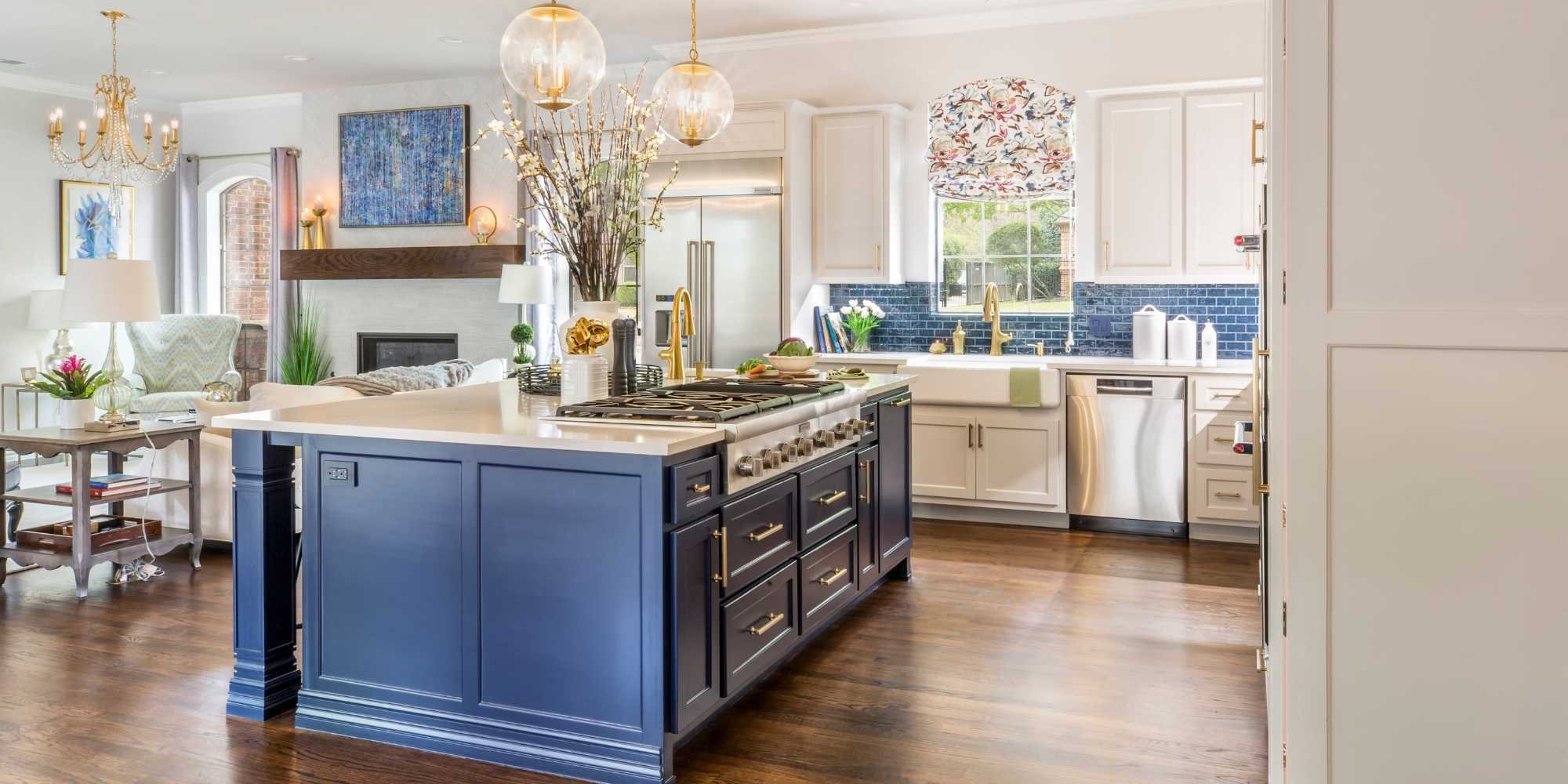 Kitchen remodel in Fort Worth, TX by Medford Design-Build featuring blue island, quartz countertops, and modern finishes