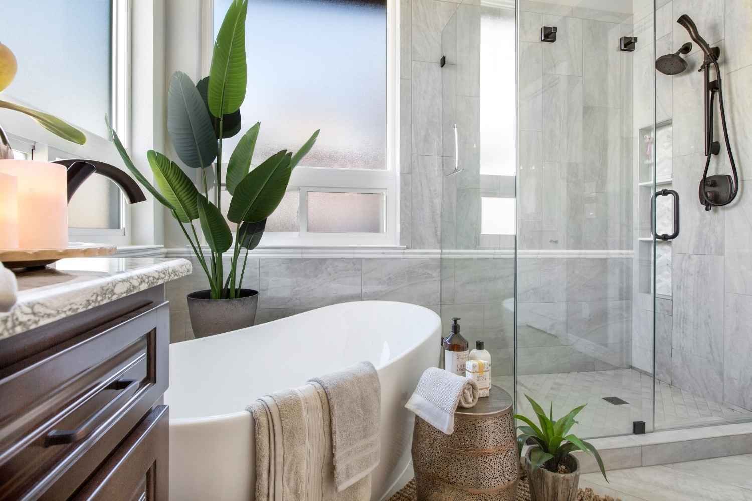 Medford Design-Build bathroom remodel in Fort Worth, TX with freestanding tub, glass shower, and modern finishes