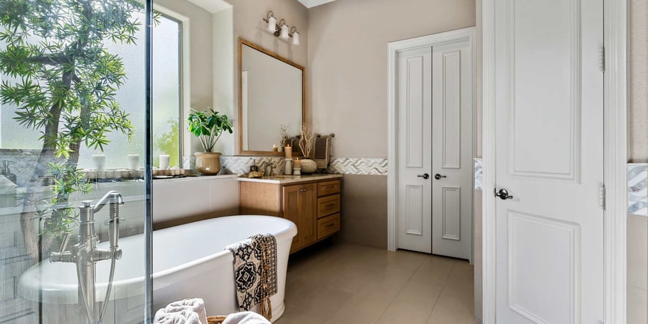 Stunning bathroom remodel from Medford Design-Build with walk-in shower and soaking tub