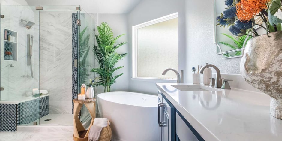 Bright bathroom remodel with standing tub, walk-in shower in Arlington, TX by Medford