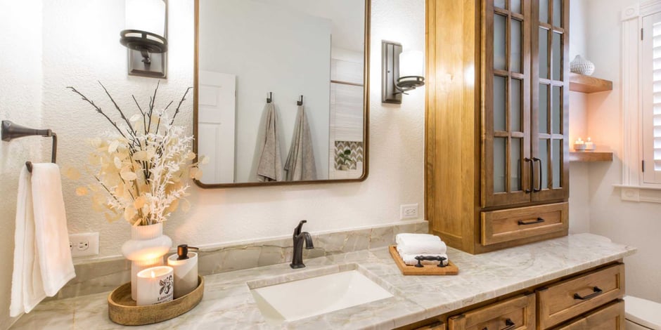 Bathroom remodel with wooden cabinetry by Medford Design-Build in Colleyville, TX