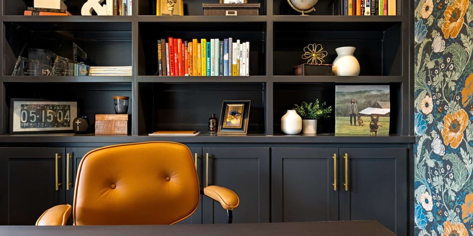 Contemporary home office in Fort Worth with curated decor and built-in storage by Medford Design-Build