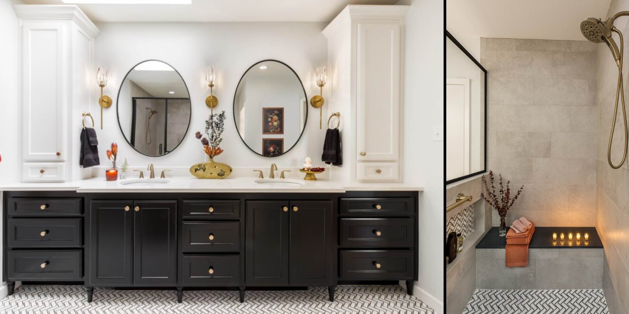 Bathroom remodel with double vanity in Fort Worth featuring spa shower with built-in bench by Medford