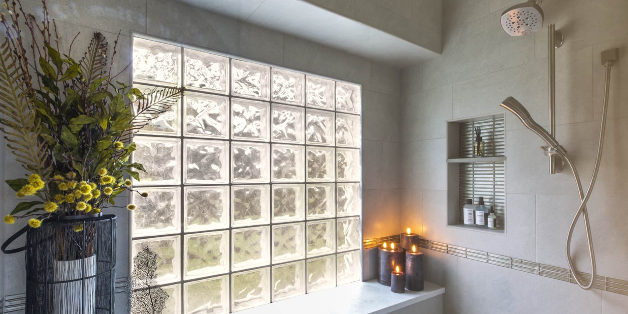 Modern Fort Worth bathroom shower remodel with glass block wall and contemporary design by Medford