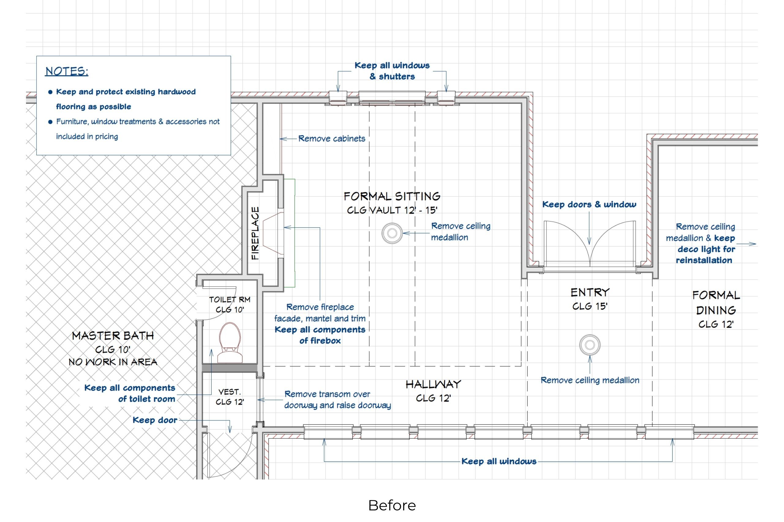 BEFORE: Colleyville, TX home office conversion and powder bath addition floor plan