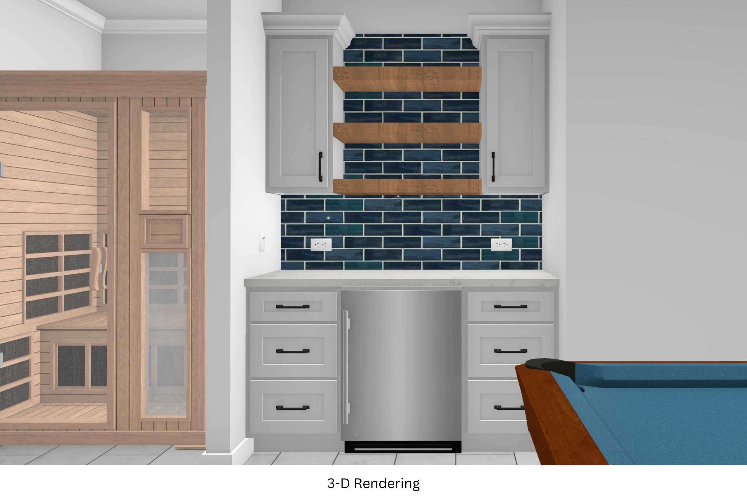 Photo of a game room 3-D rendering, highlighting the built in bar and sauna. 