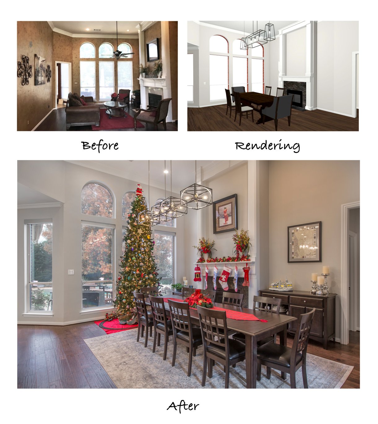 Photo of the formal living room before remodeling, a 3-D rendering of the proposed changes, and the final shot of the remodeled room.
