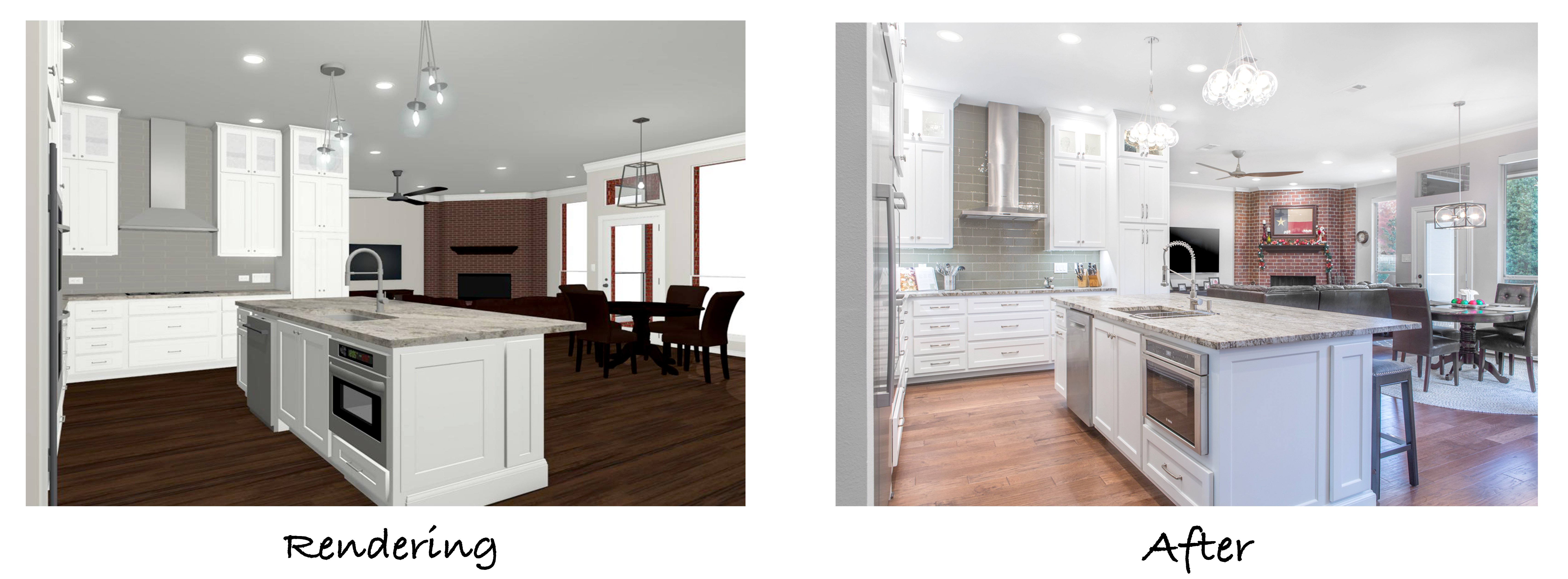 A 3-D rendering of the proposed changes for the kitchen and the final photo of the remodeled kitchen.