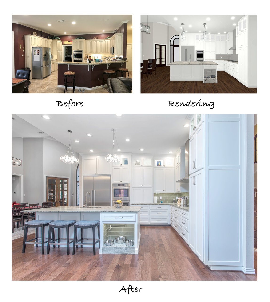 Photo of the kitchen before remodeling, a 3-D rendering of the proposed changes, and the final shot of the remodeled kitchen.