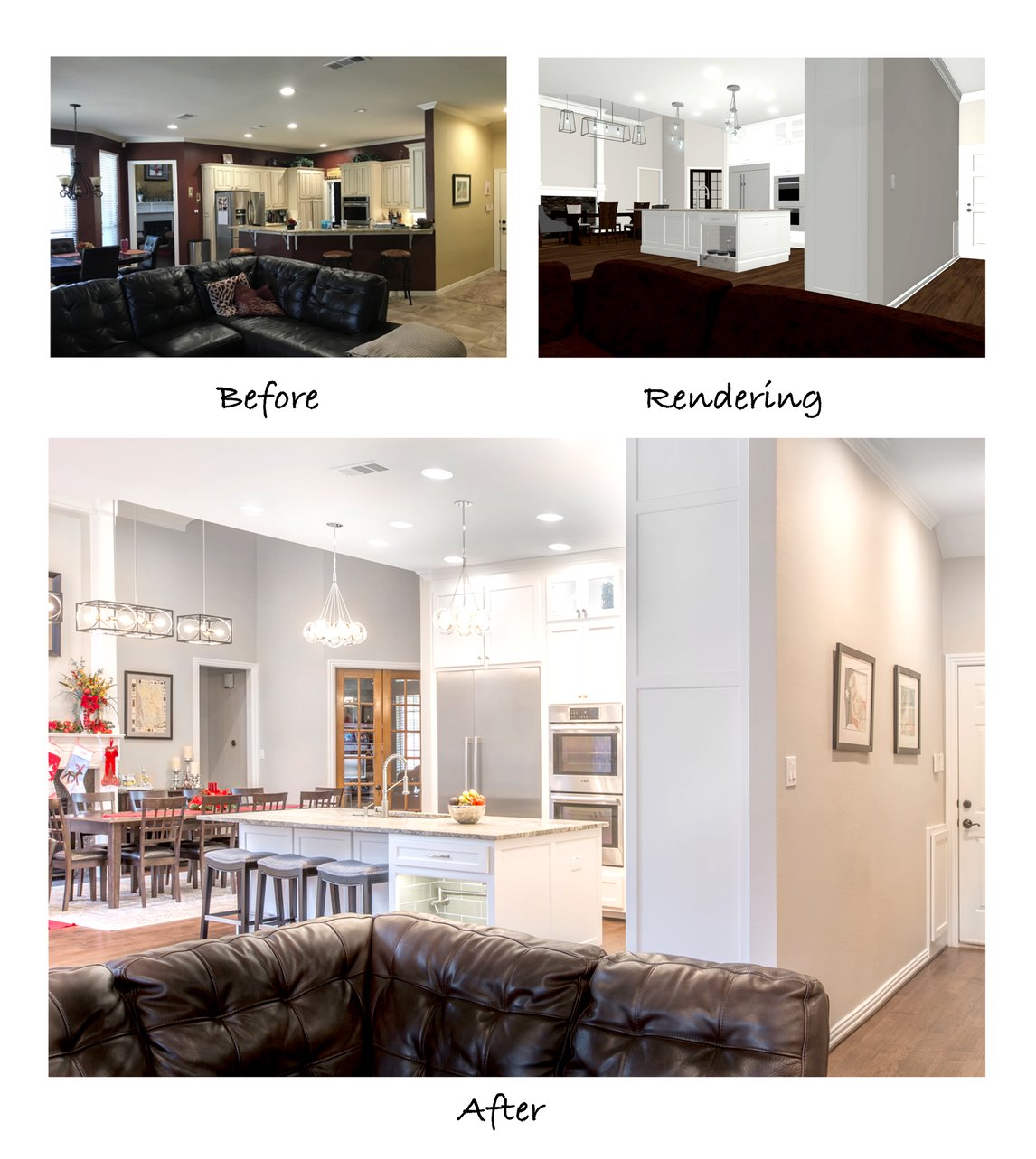 Photo of the kitchen before remodeling, a 3-D rendering of the proposed changes, and the final shot of the remodeled kitchen.