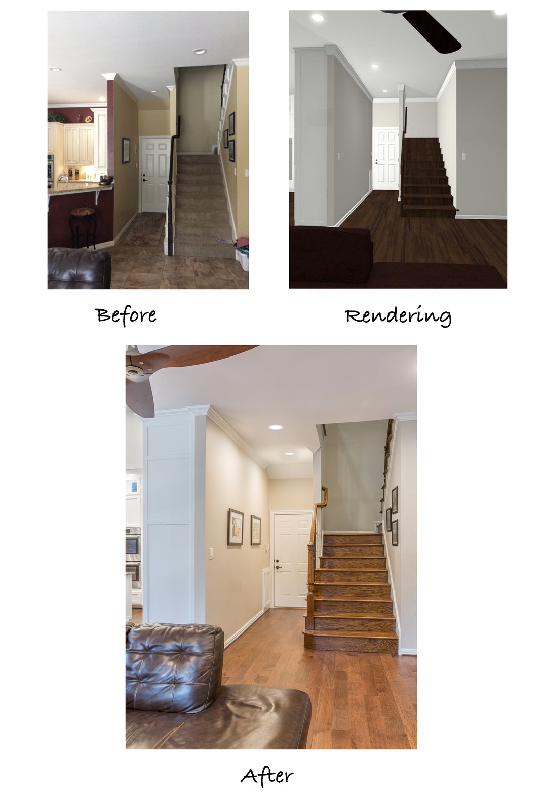 before and after photos of staircase remodel.