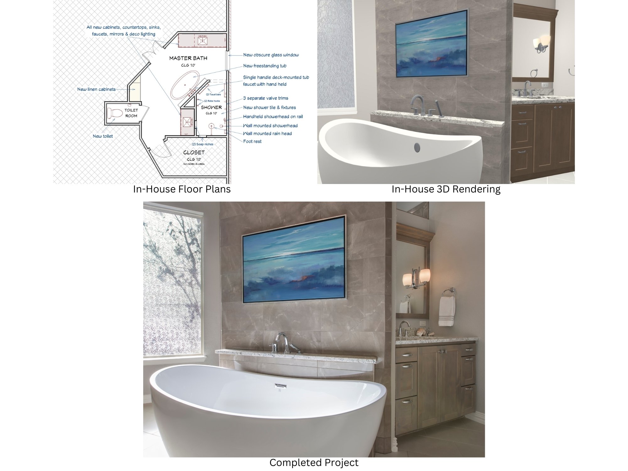 Medford Design-Build's floor plans, realistic 3D rendering, and the completed project for a bathroom remodel. 