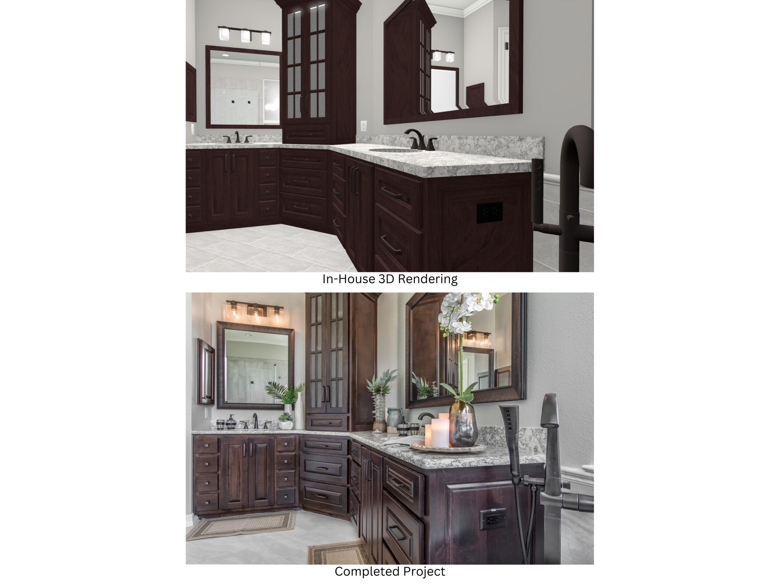 Medford Design-Build's realistic 3D rendering and the completed project for a bathroom remodel. 