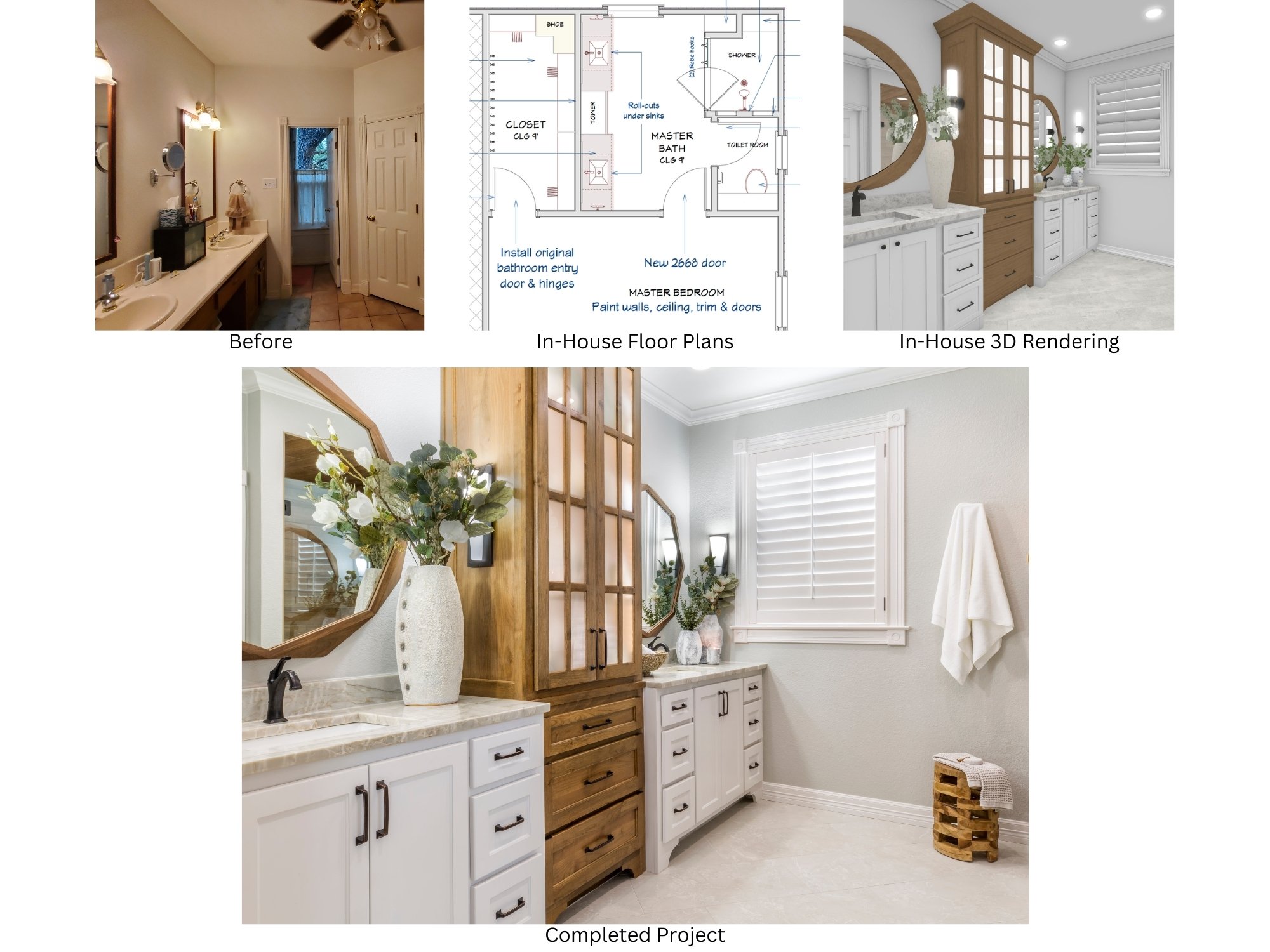 Before photo and Medford Design-Build's floor plans, realistic 3D rendering, and the completed project for a bathroom remodel. 