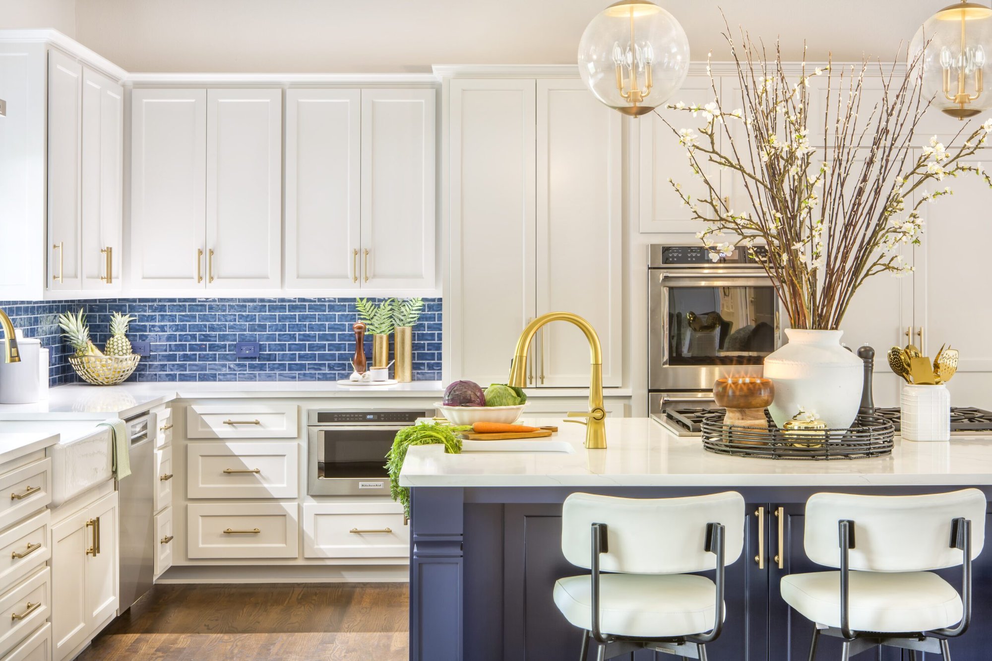 Medford Design Build Kitchen Remodel with Gold finishes and Blue tile detail Medford Design Build Kitchen Remodel with Gold finishes and Blue tile detail