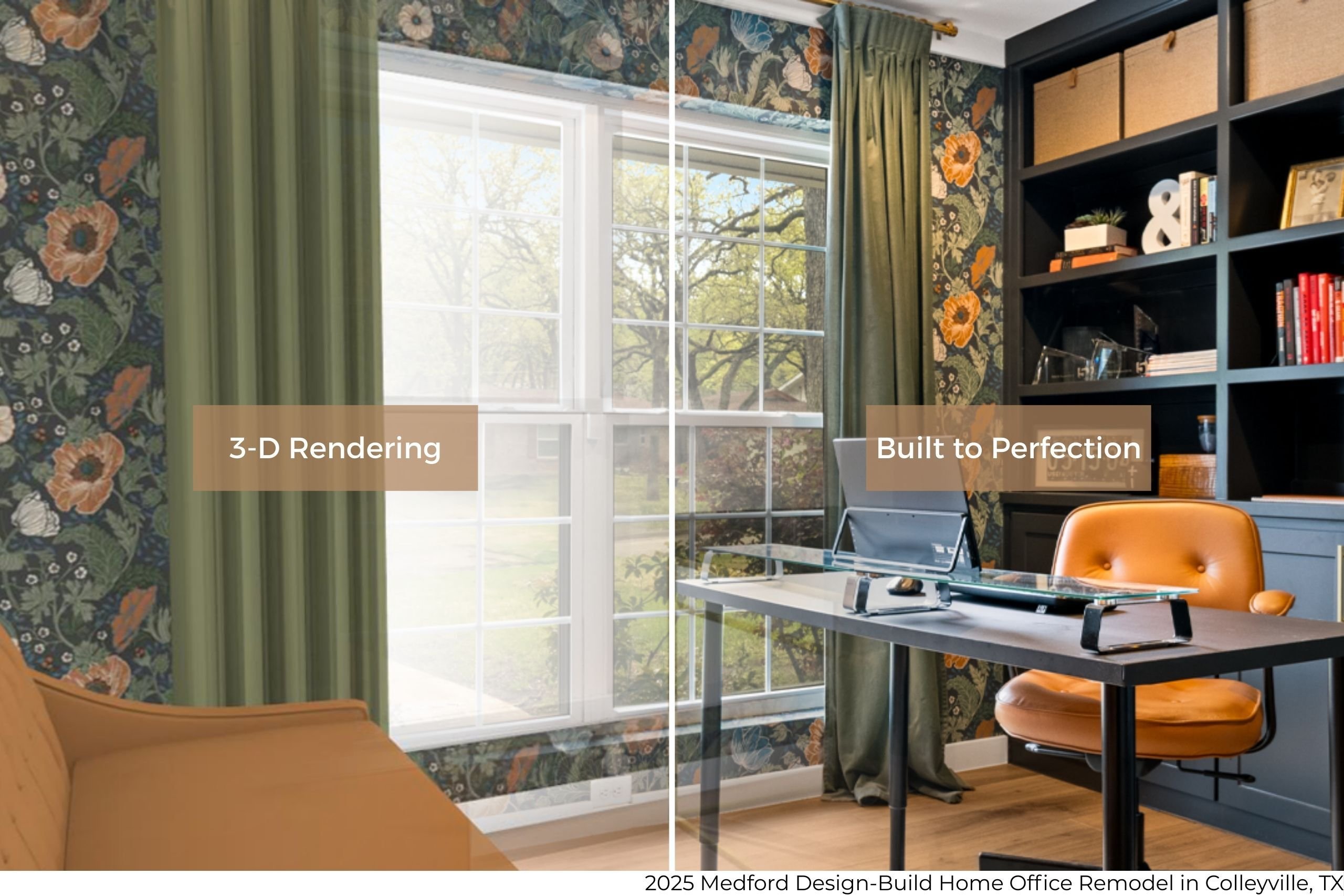 Medford Design-Build 3d rendering to completed home office remodel in Colleyville, TX