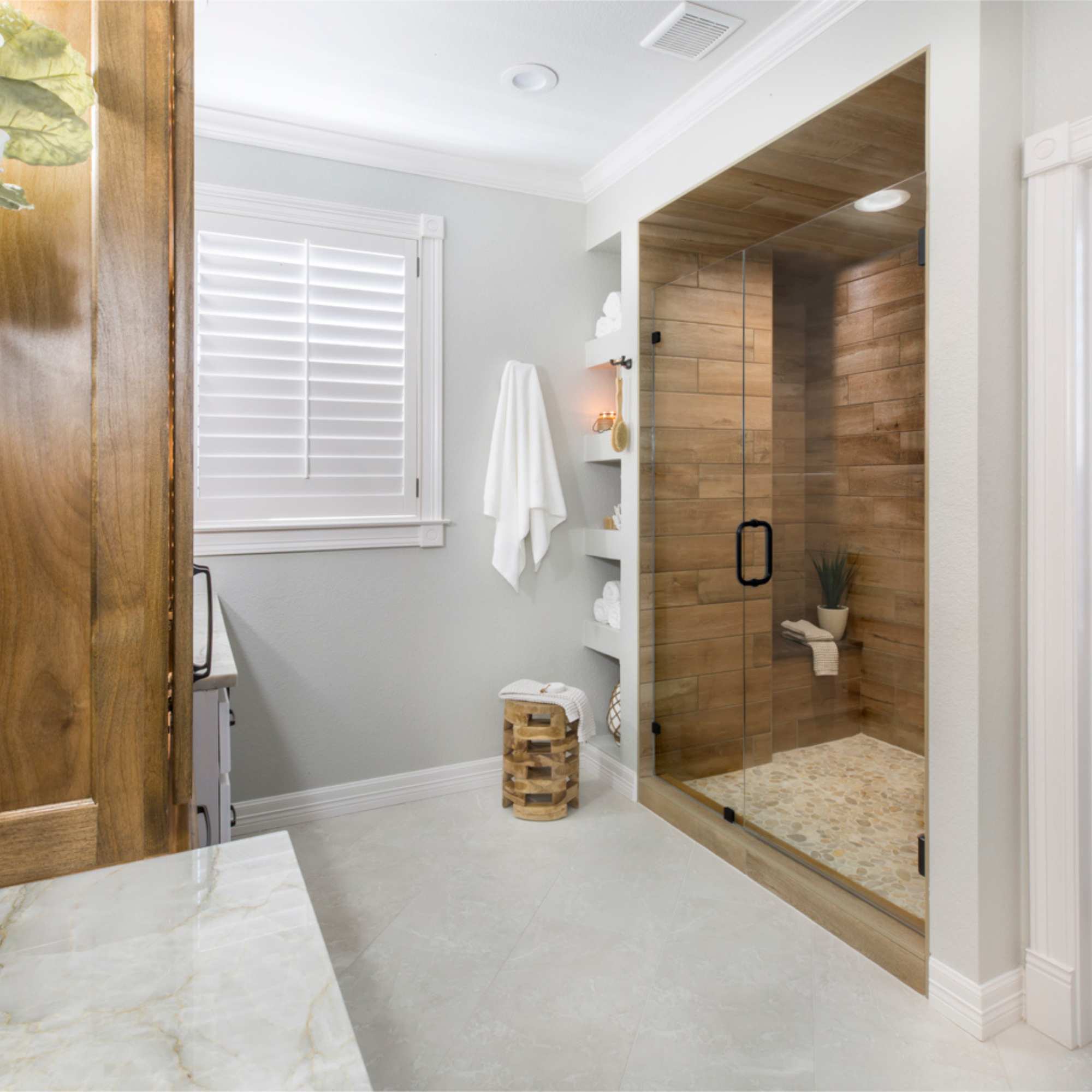 Bathroom remodel with walk-in shower, corner storage by Medford Design-Build in Colleyville, TX Bathroom remodel with walk-in shower, corner storage by Medford Design-Build in Colleyville, TX