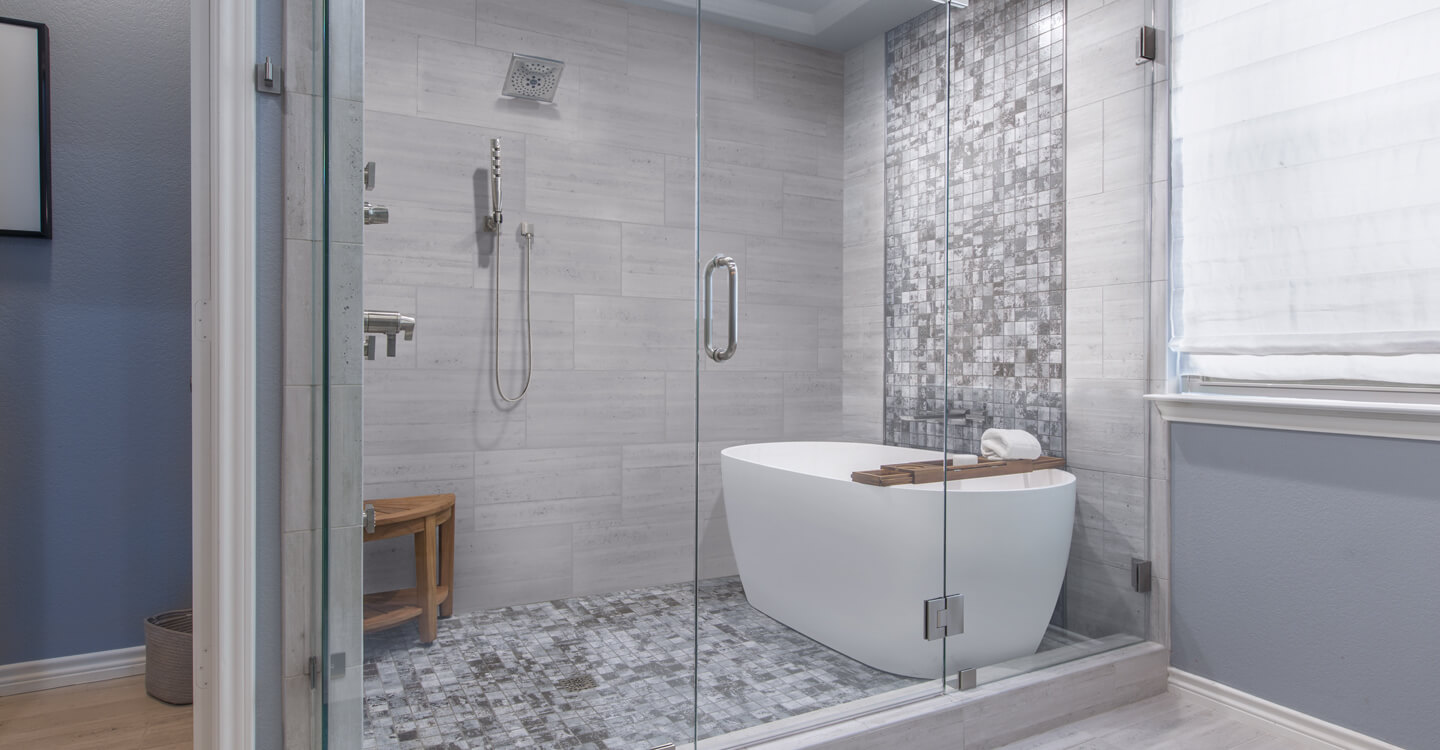Bathroom Remodeling spa like tub in shower with mosaic tile design Medford Design Build Tx 