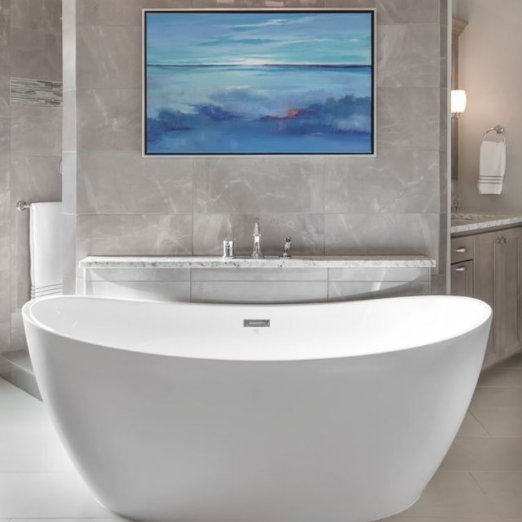 Medford Design-Build bathroom renovation in Arlington, TX featuring sleek soaking tub and tile walls.