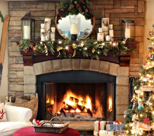 Stone Fireplace - holiday decor