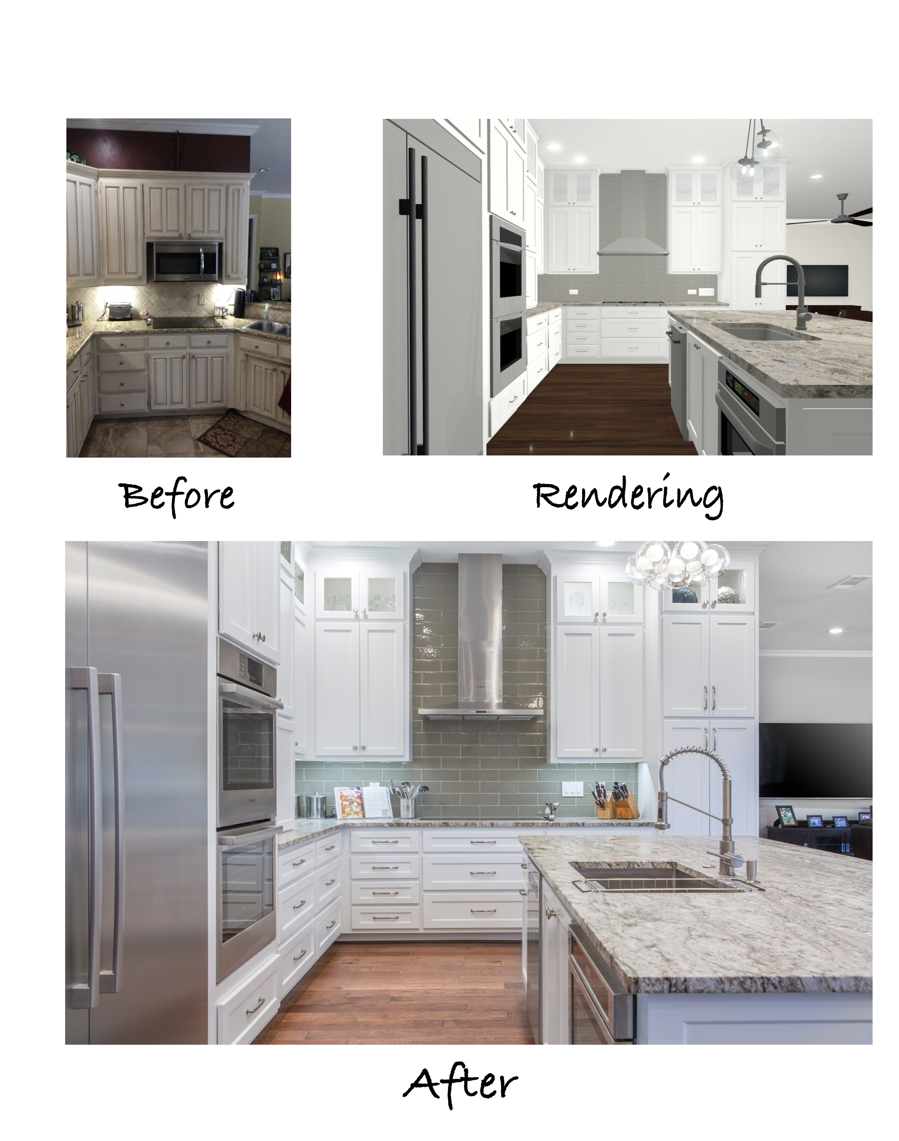 Photo of the kitchen before remodeling, a 3-D rendering of the proposed changes, and the final shot of the remodeled kitchen.