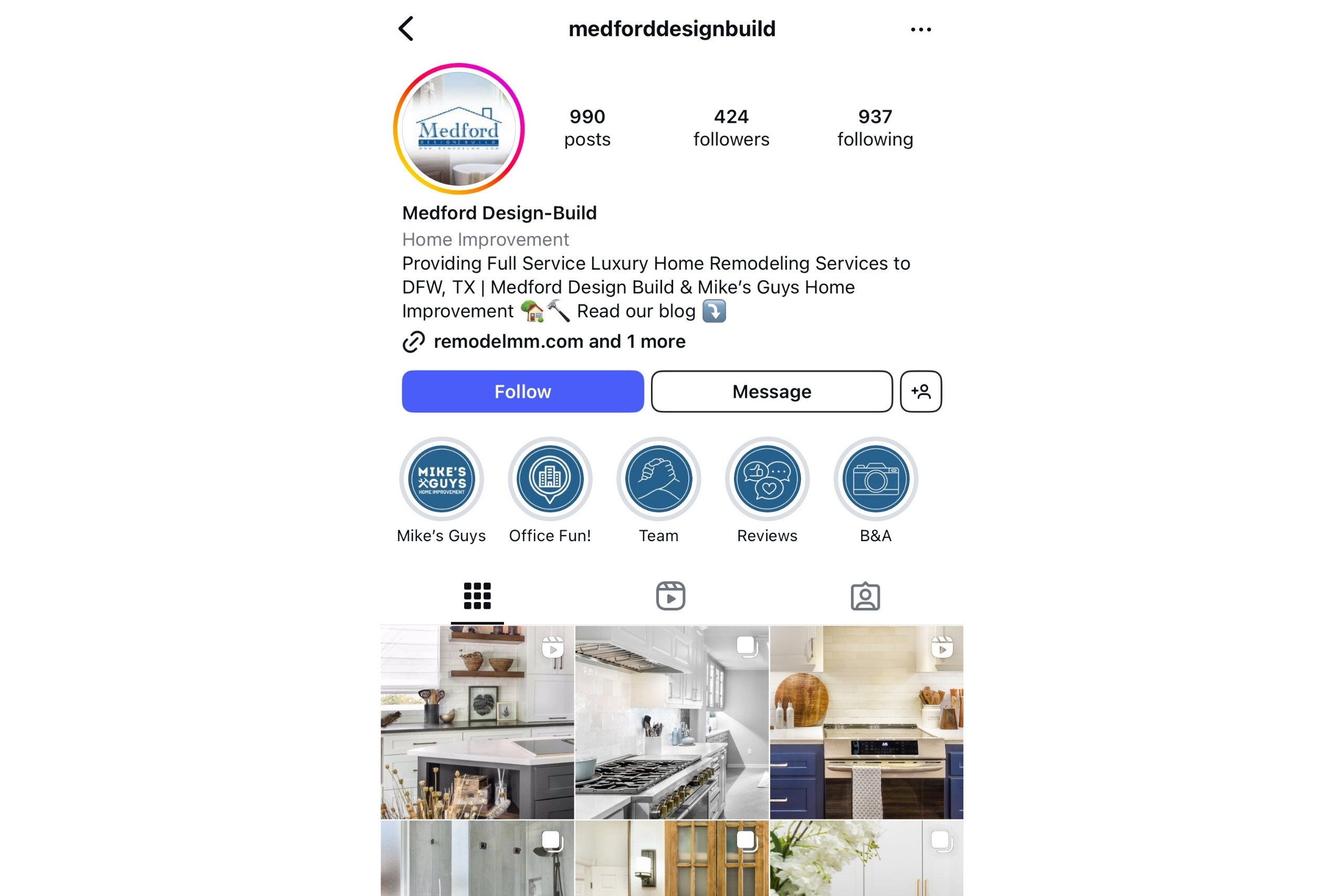 Medford Design-Build's Instagram handle. @medforddesignbuild