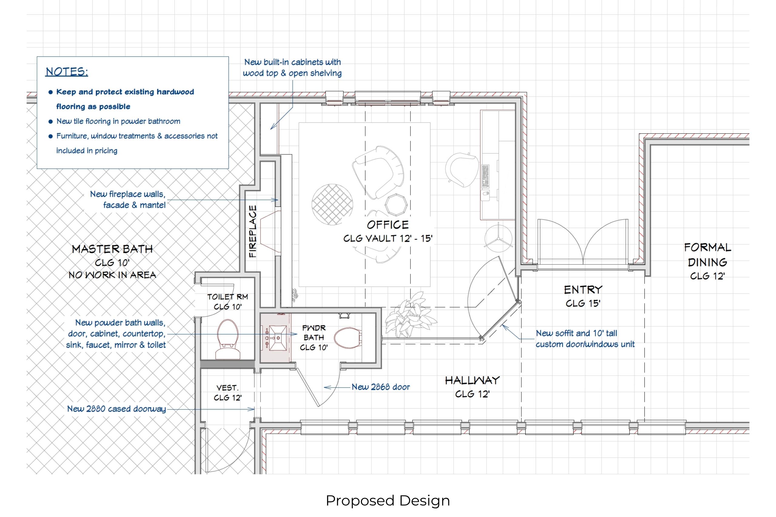 Colleyville, TX home office conversion and powder bath addition floor plan